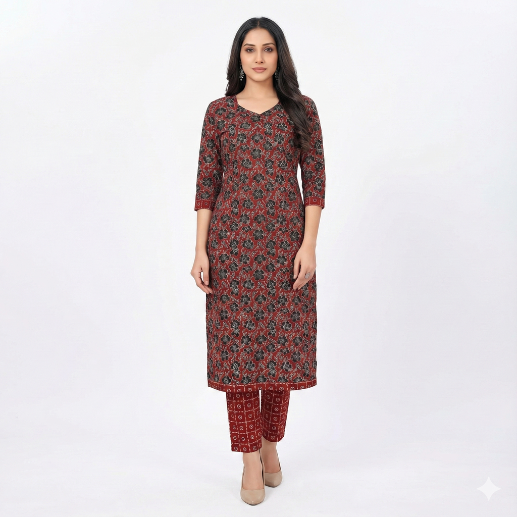 Maroon Floral Printed Patiala 3-Piece Suit Set for Women – Kurta, Patiala Pant & Dupatta