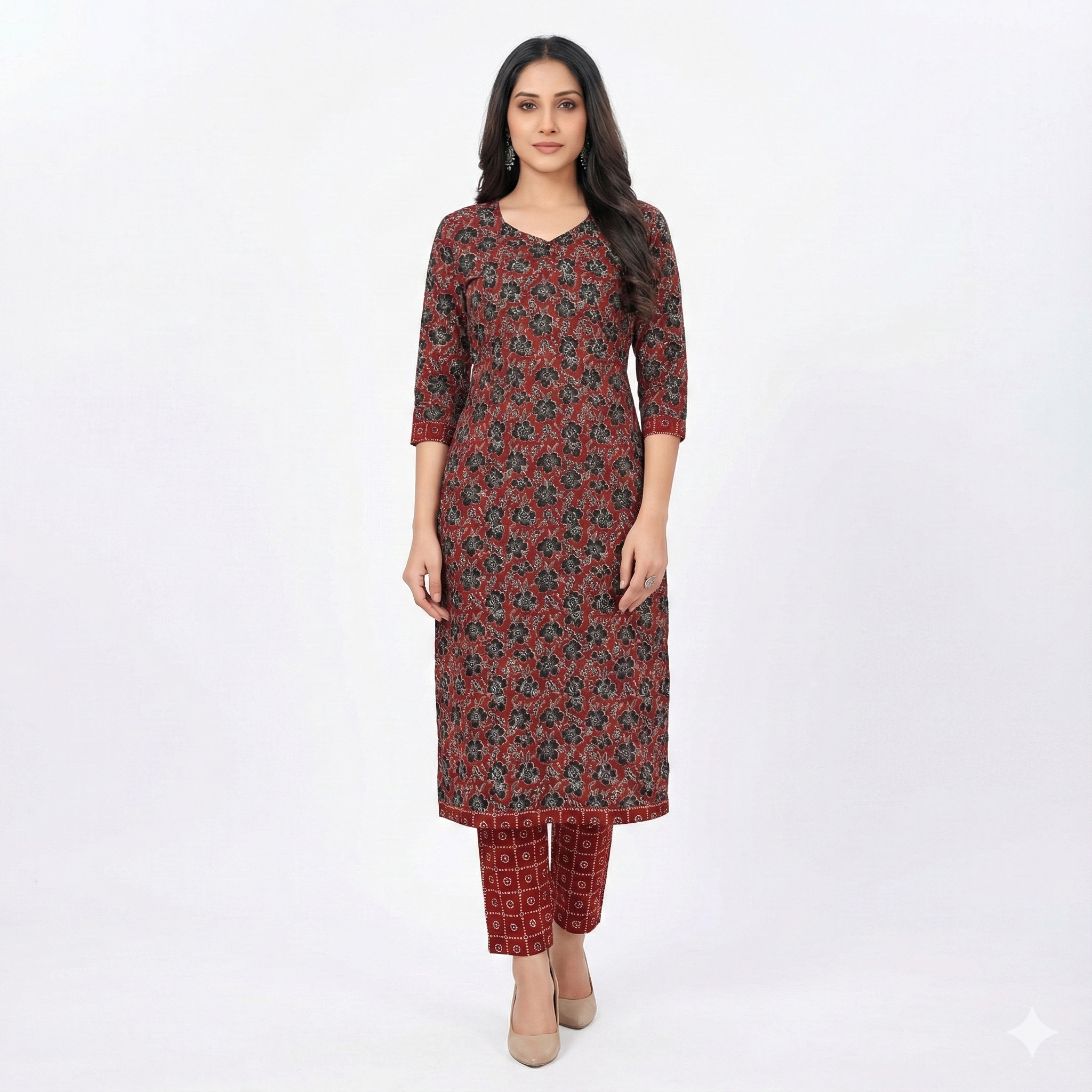 Maroon Floral Printed Patiala 3-Piece Suit Set for Women – Kurta, Patiala Pant & Dupatta