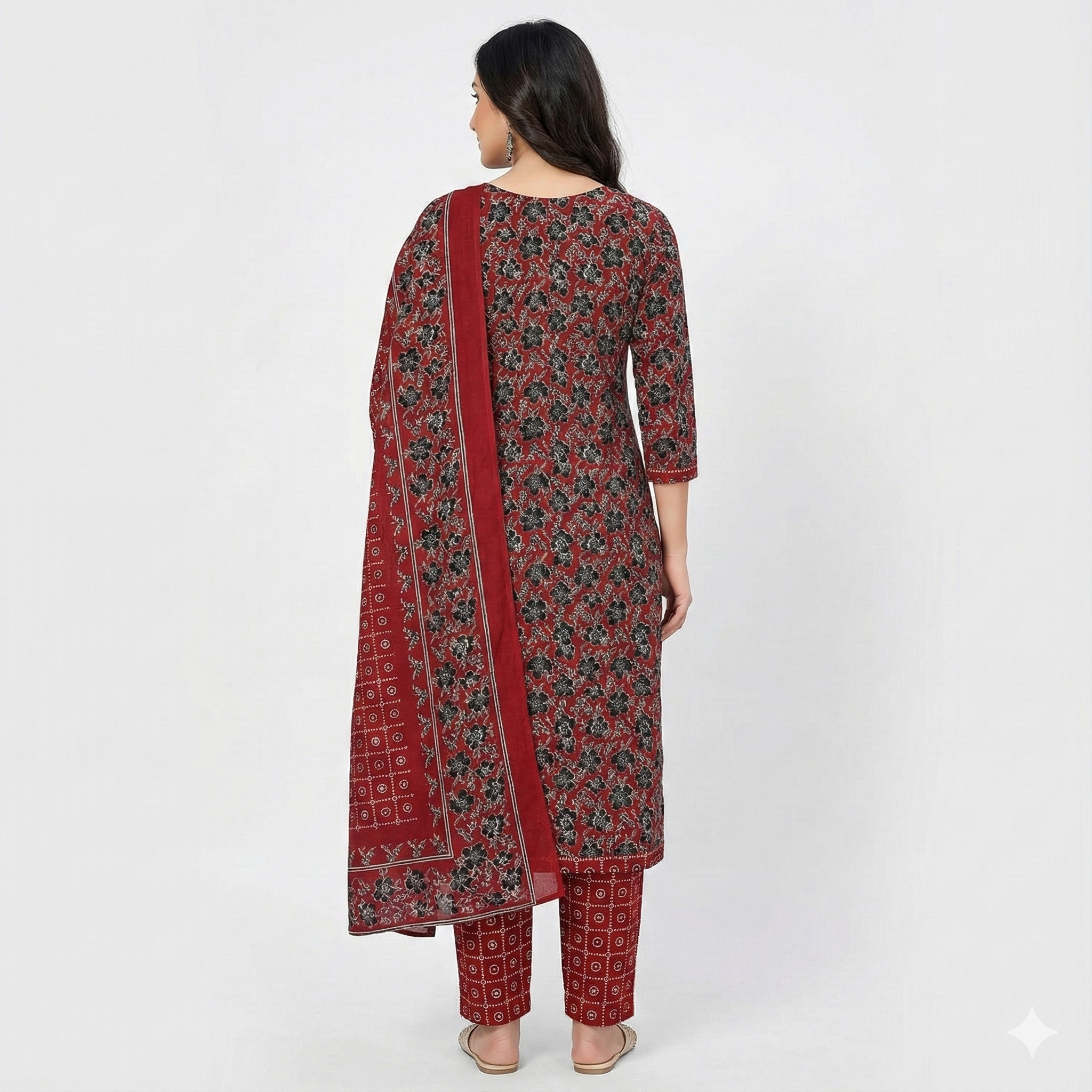 Maroon Floral Printed Patiala 3-Piece Suit Set for Women – Kurta, Patiala Pant & Dupatta