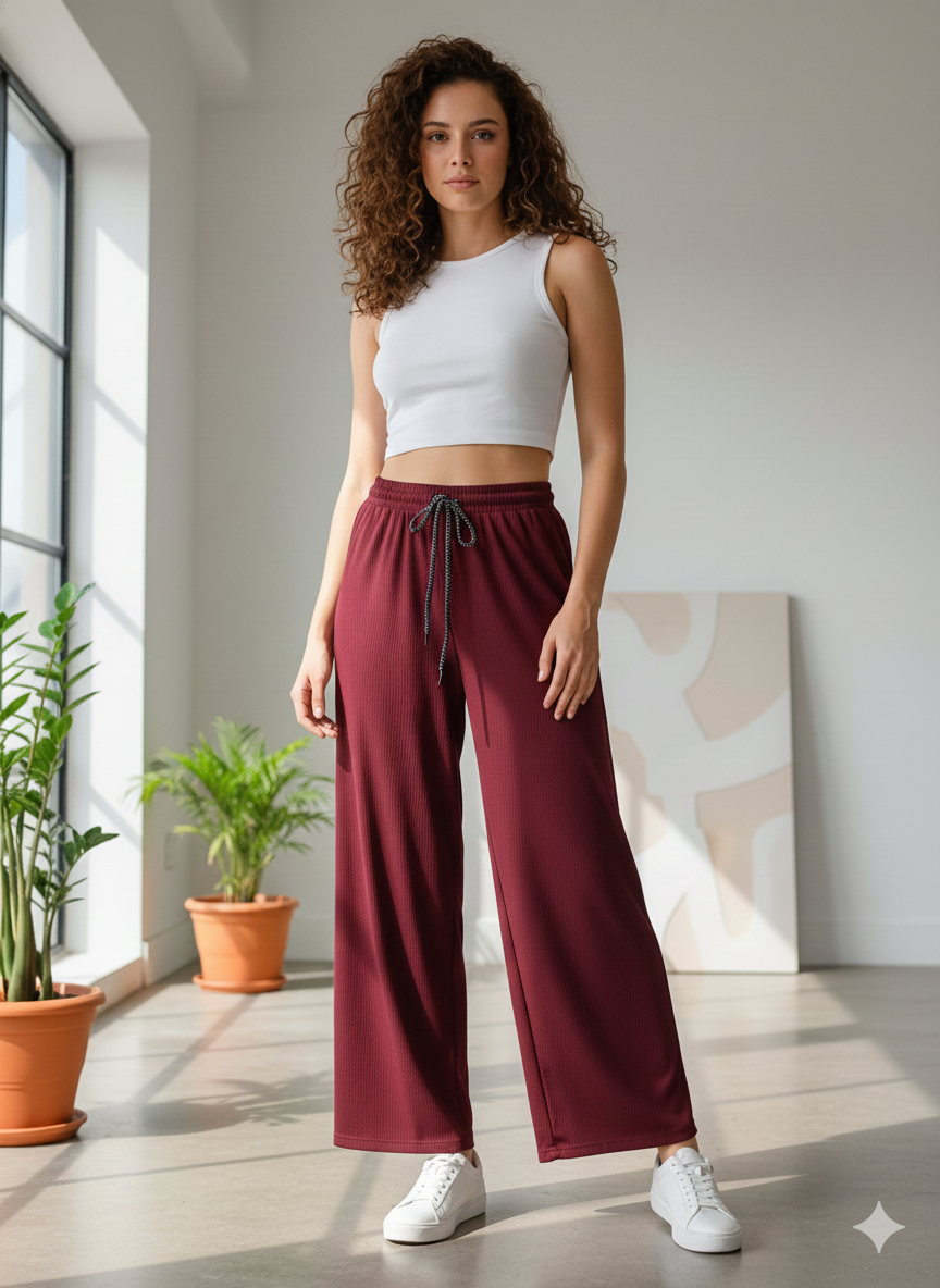 Women’s Maroon Wide-Leg Lounge Pants | Soft Ribbed High-Waist Drawstring Trousers