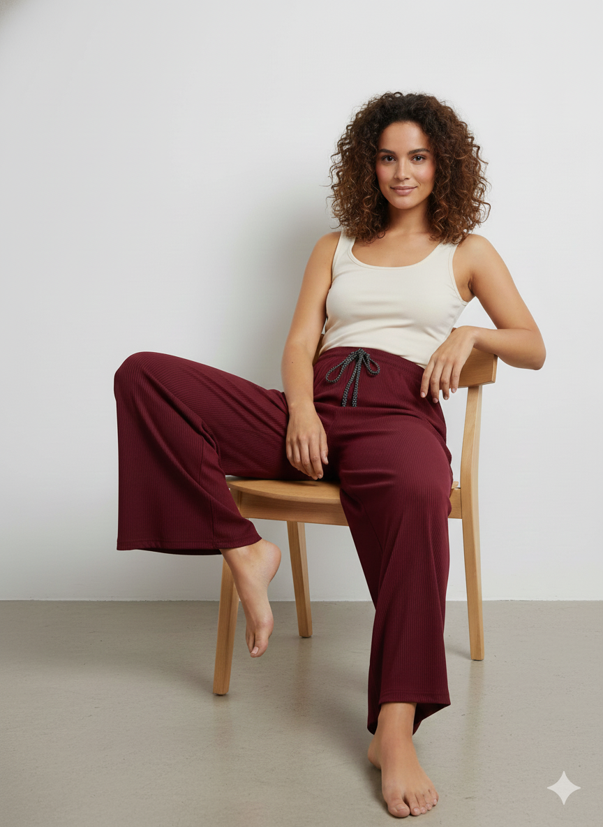Women’s Maroon Wide-Leg Lounge Pants | Soft Ribbed High-Waist Drawstring Trousers
