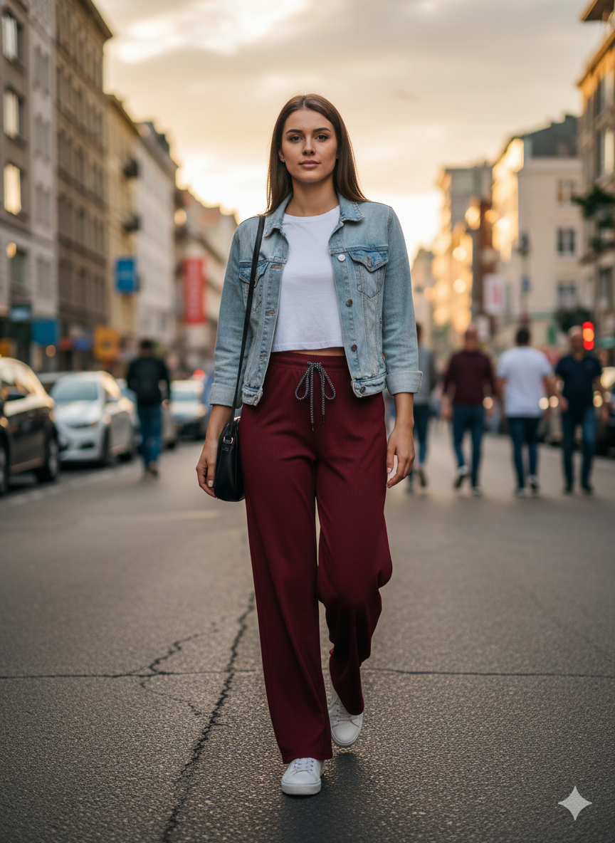 Women’s Maroon Wide-Leg Lounge Pants | Soft Ribbed High-Waist Drawstring Trousers