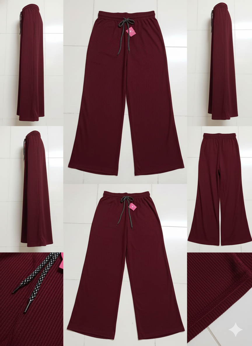 Women’s Maroon Wide-Leg Lounge Pants | Soft Ribbed High-Waist Drawstring Trousers