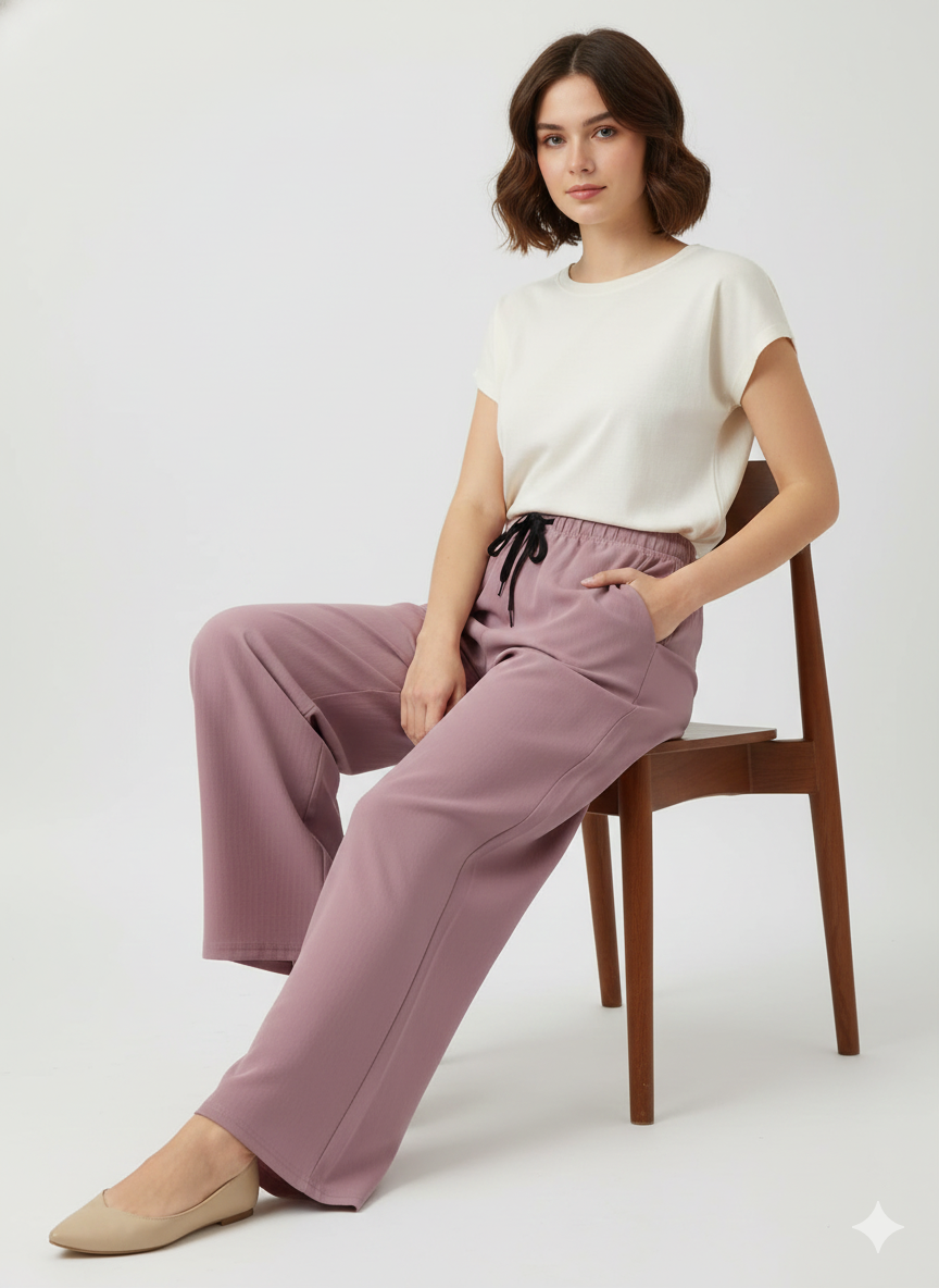 Women’s Mauve Wide-Leg Drawstring Pants – Comfortable Casual High-Waist Everyday Wear