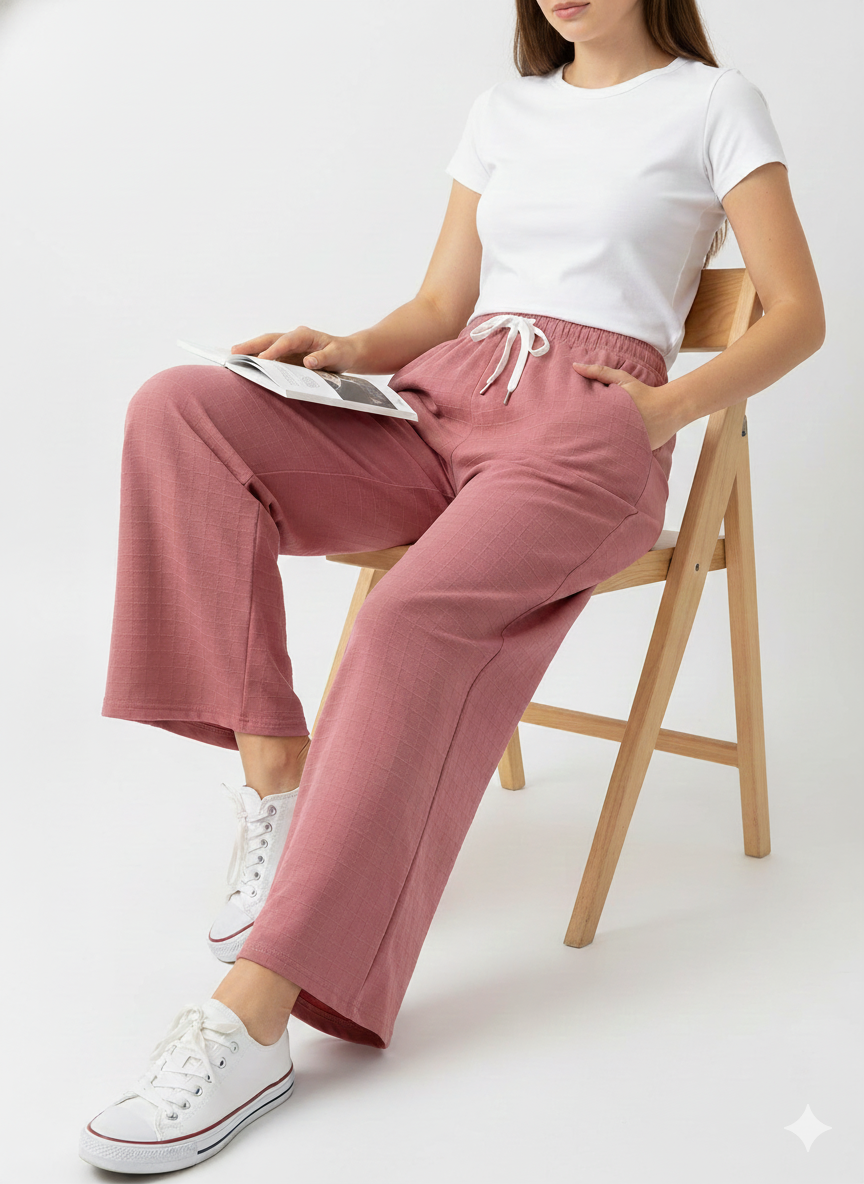 Women’s Pink Wide-Leg Drawstring Lounge Pants | Comfortable Casual High-Waist Relaxed Fit