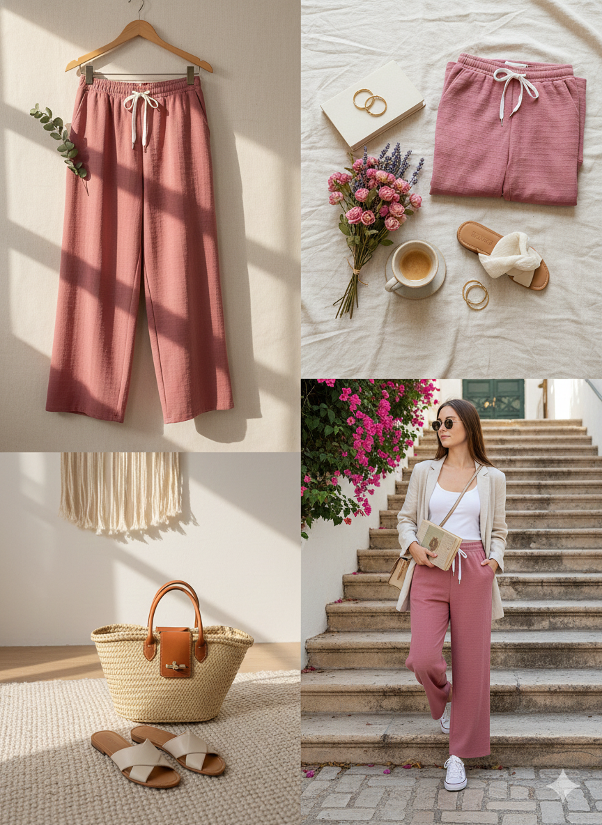 Women’s Pink Wide-Leg Drawstring Lounge Pants | Comfortable Casual High-Waist Relaxed Fit