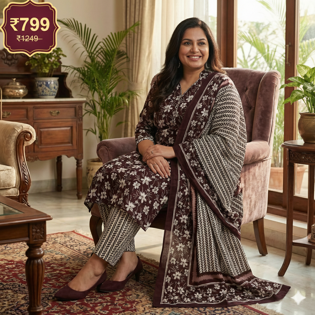 Maroon Floral Printed Patiala 3-Piece Suit Set for Women – 4XL Kurta, Patiala Pant & Dupatta