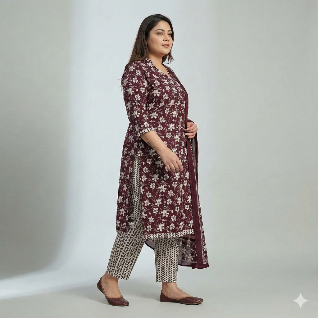 Maroon Floral Printed Patiala 3-Piece Suit Set for Women – 4XL Kurta, Patiala Pant & Dupatta