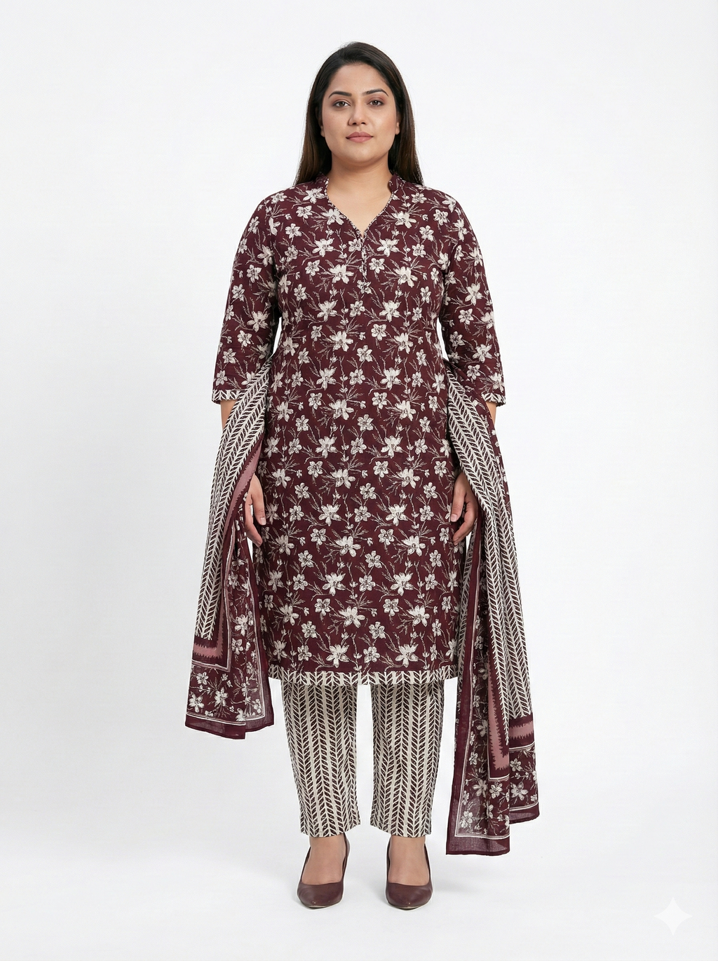 Maroon Floral Printed Patiala 3-Piece Suit Set for Women – 4XL Kurta, Patiala Pant & Dupatta