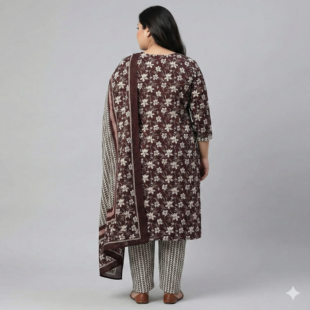 Maroon Floral Printed Patiala 3-Piece Suit Set for Women – 4XL Kurta, Patiala Pant & Dupatta