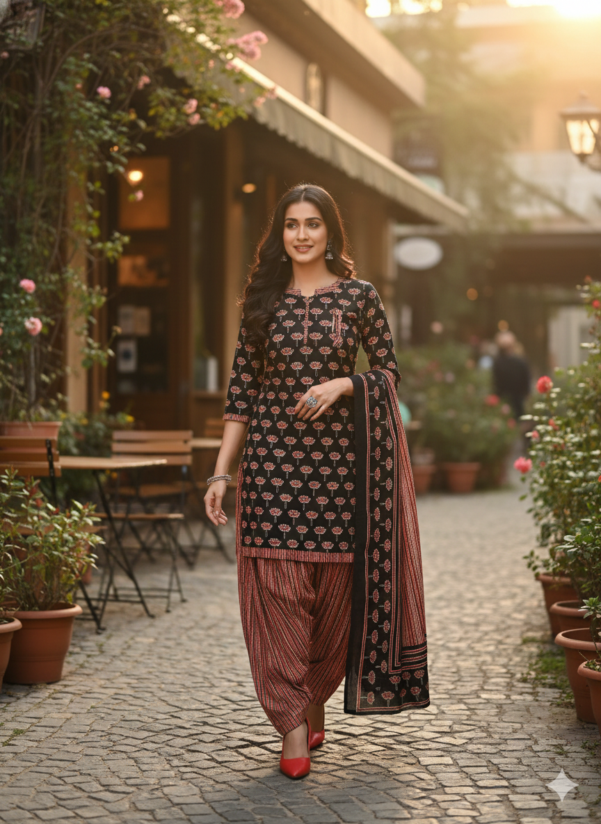 Black & Maroon Printed Patiala 3-Piece Suit Set for Women (XXL) – Kurta, Patiala Pant & Dupatta
