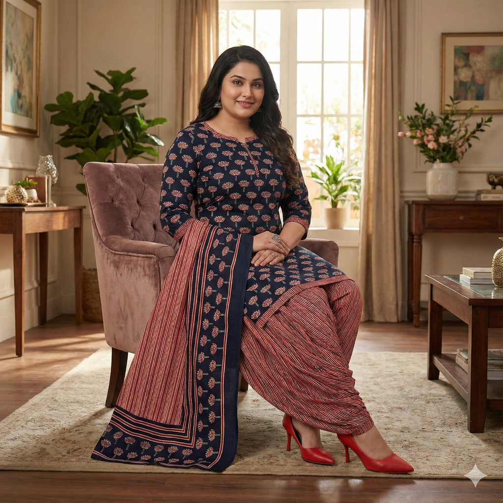 Black & Maroon Printed Patiala 3-Piece Suit Set for Women (XXL) – Kurta, Patiala Pant & Dupatta