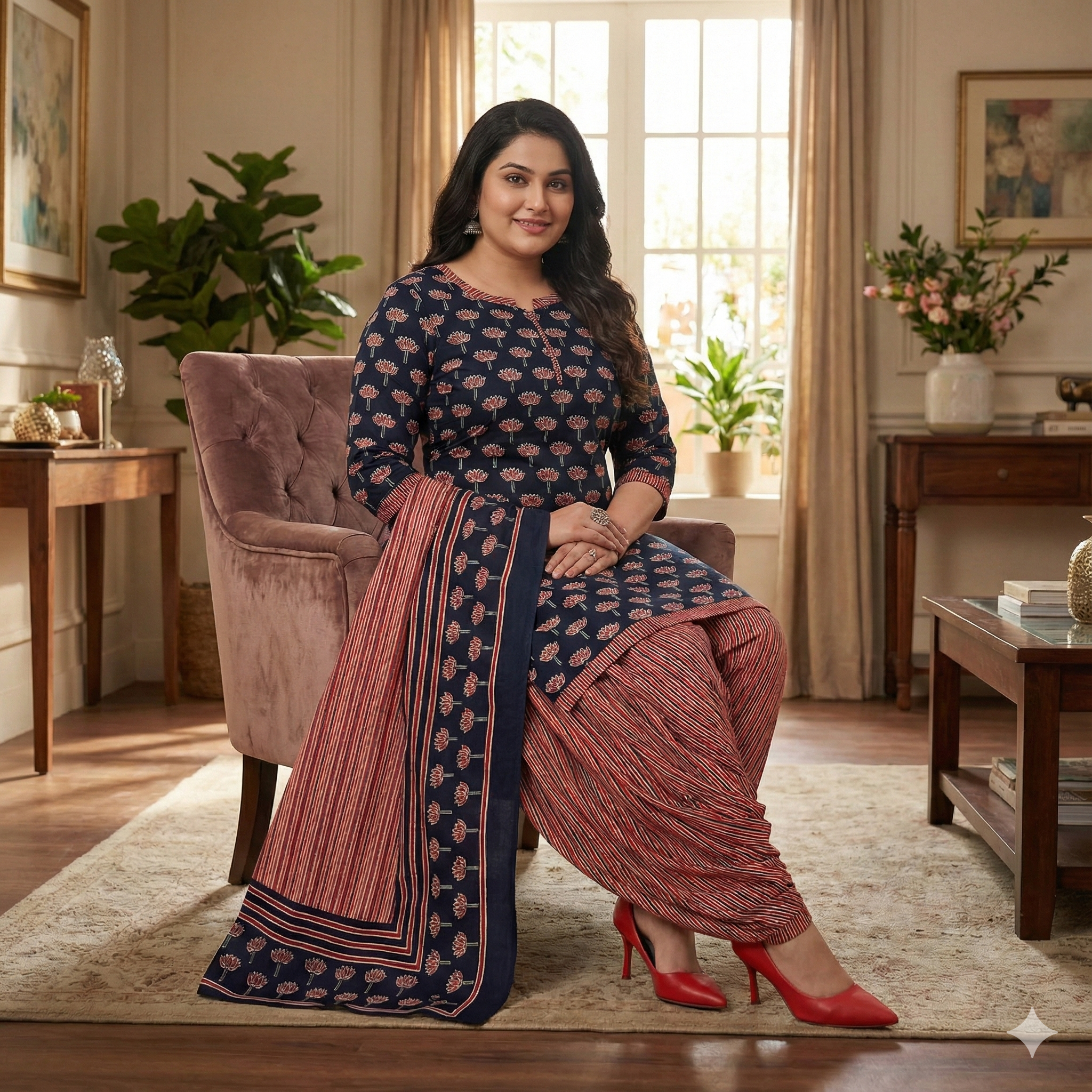 Black & Maroon Printed Patiala 3-Piece Suit Set for Women (XXL) – Kurta, Patiala Pant & Dupatta