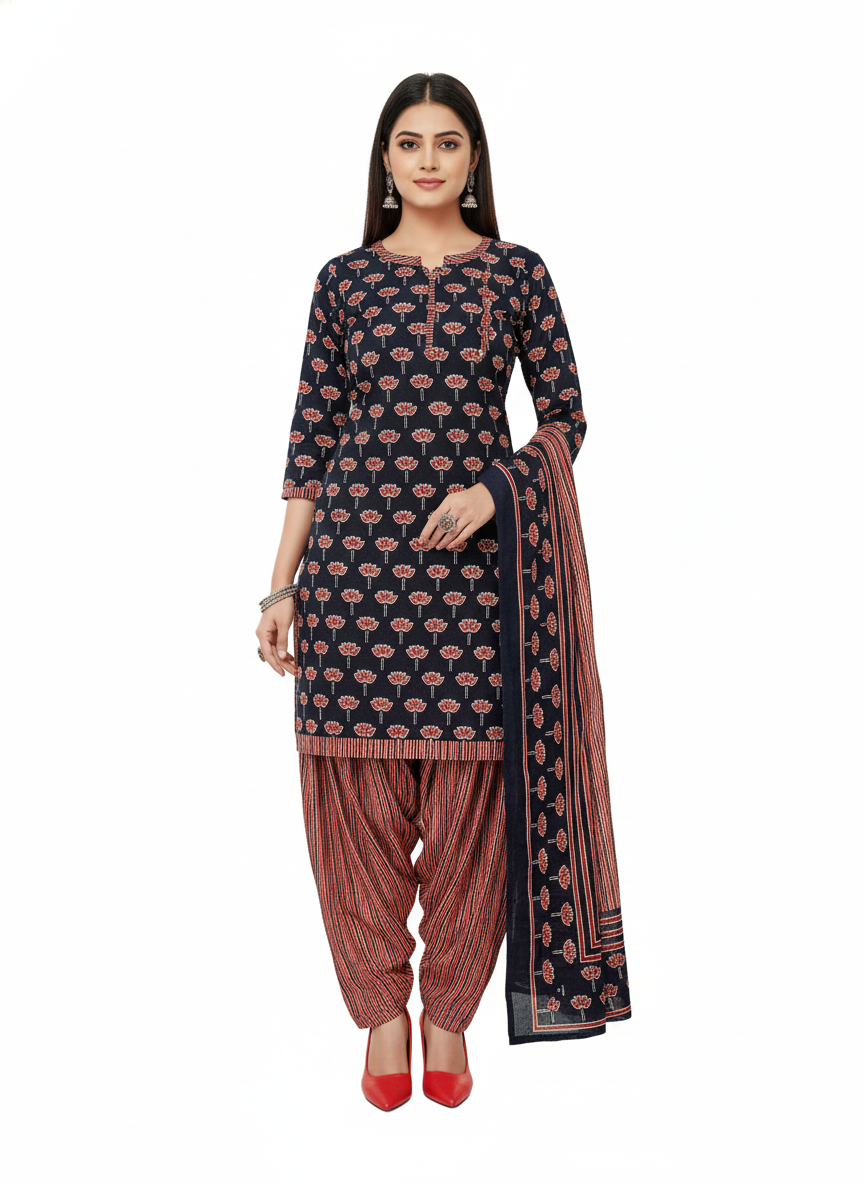 Black & Maroon Printed Patiala 3-Piece Suit Set for Women (XXL) – Kurta, Patiala Pant & Dupatta