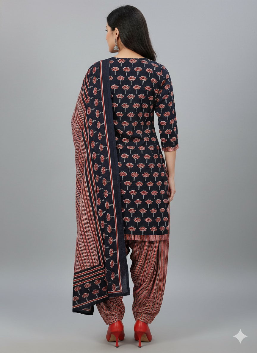 Black & Maroon Printed Patiala 3-Piece Suit Set for Women (XXL) – Kurta, Patiala Pant & Dupatta
