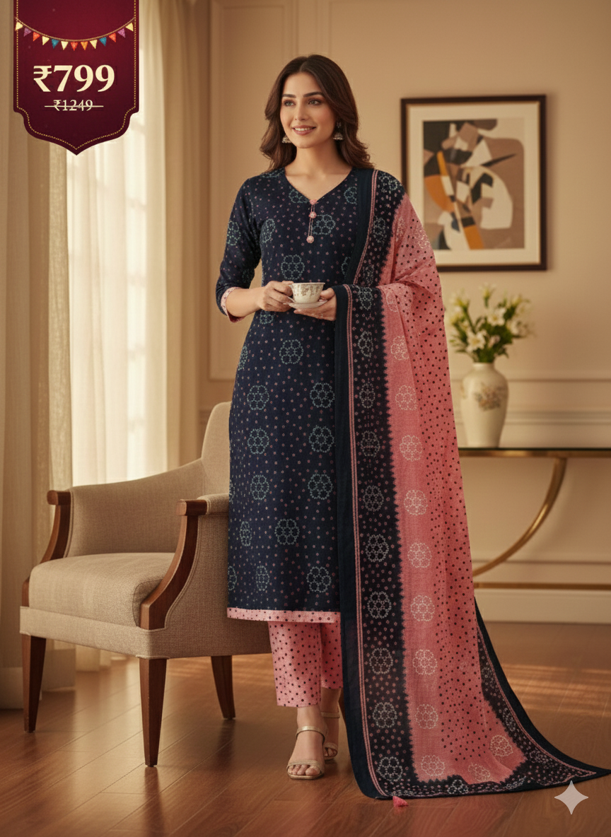 Navy Blue & Pink Printed Patiala 3-Piece Suit Set for Women – Kurta, Patiala Pant & Dupatta