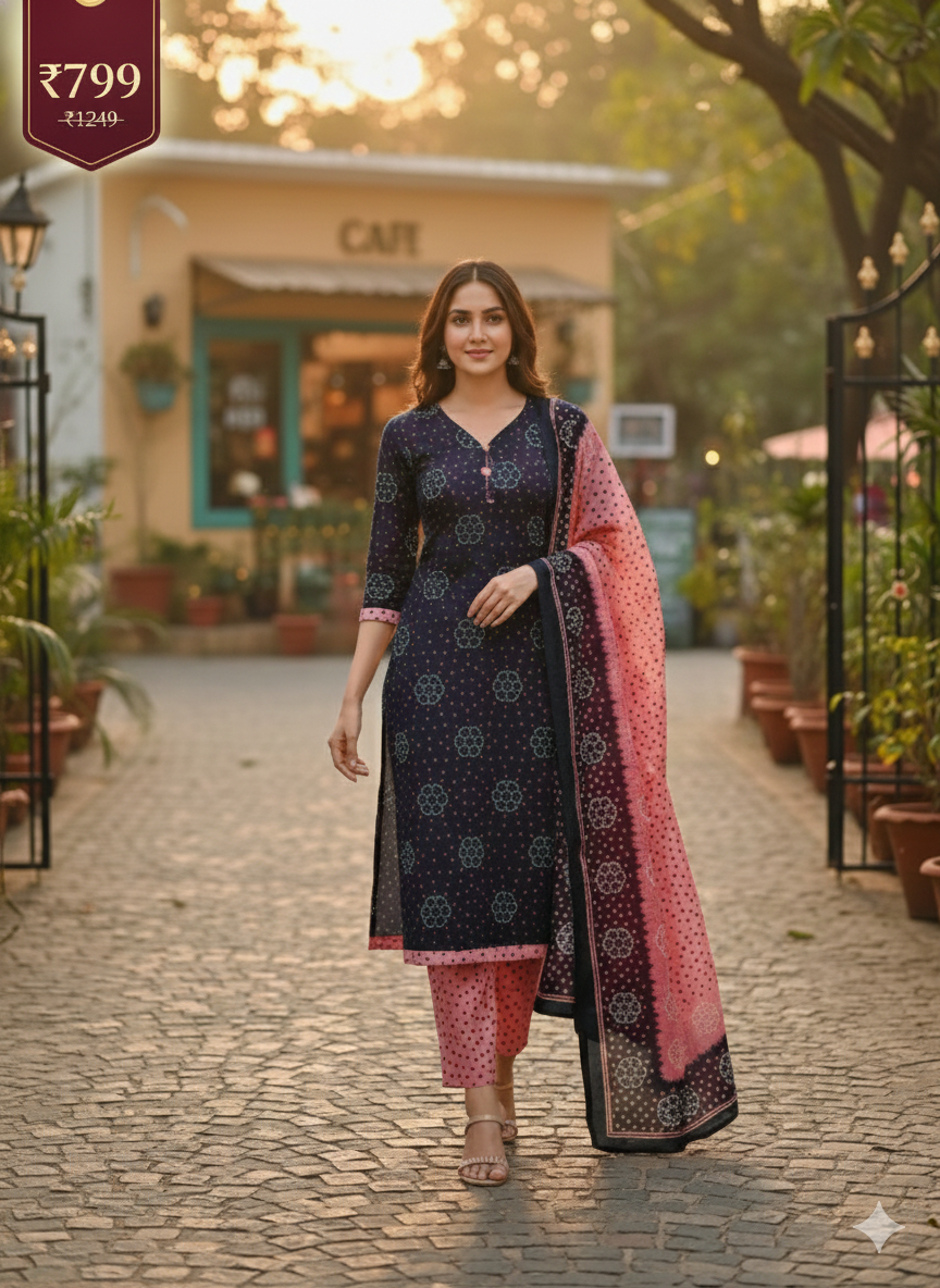 Navy Blue & Pink Printed Patiala 3-Piece Suit Set for Women – Kurta, Patiala Pant & Dupatta