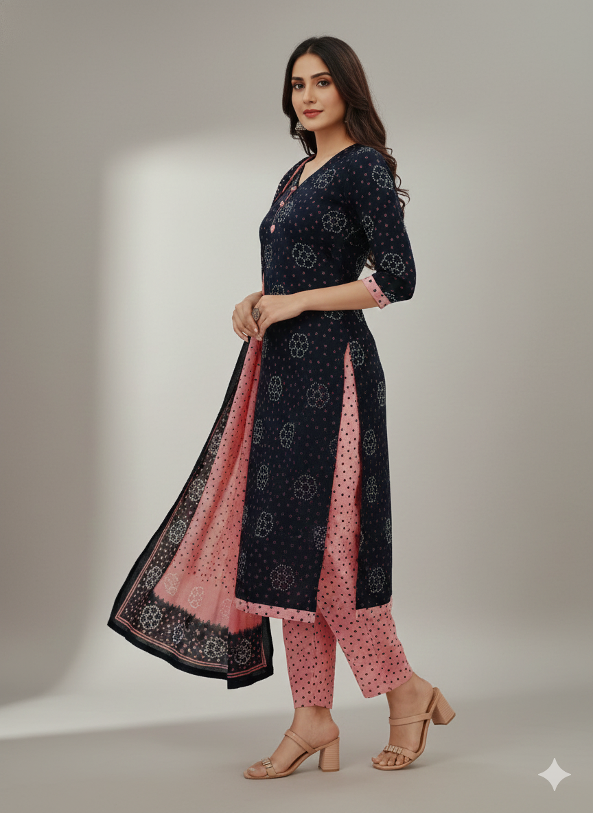 Navy Blue & Pink Printed Patiala 3-Piece Suit Set for Women – Kurta, Patiala Pant & Dupatta