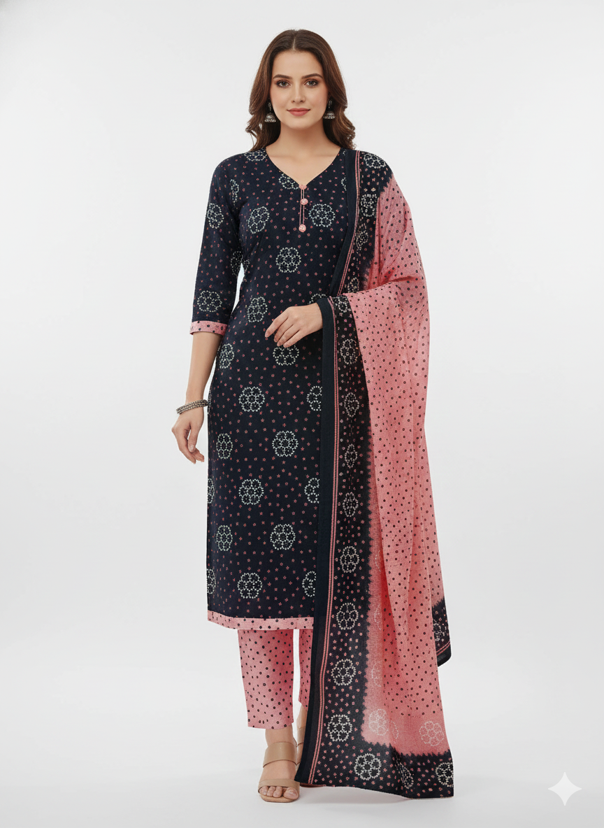 Navy Blue & Pink Printed Patiala 3-Piece Suit Set for Women – Kurta, Patiala Pant & Dupatta