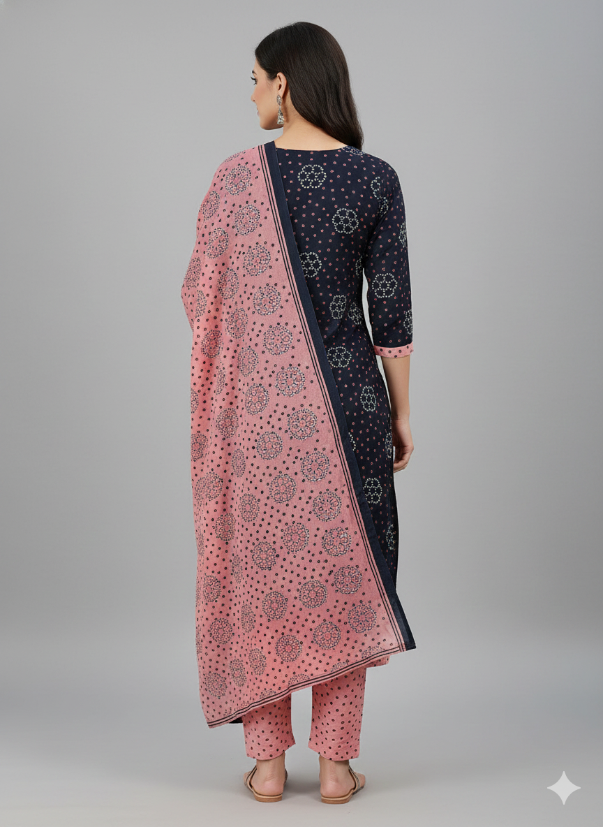 Navy Blue & Pink Printed Patiala 3-Piece Suit Set for Women – Kurta, Patiala Pant & Dupatta