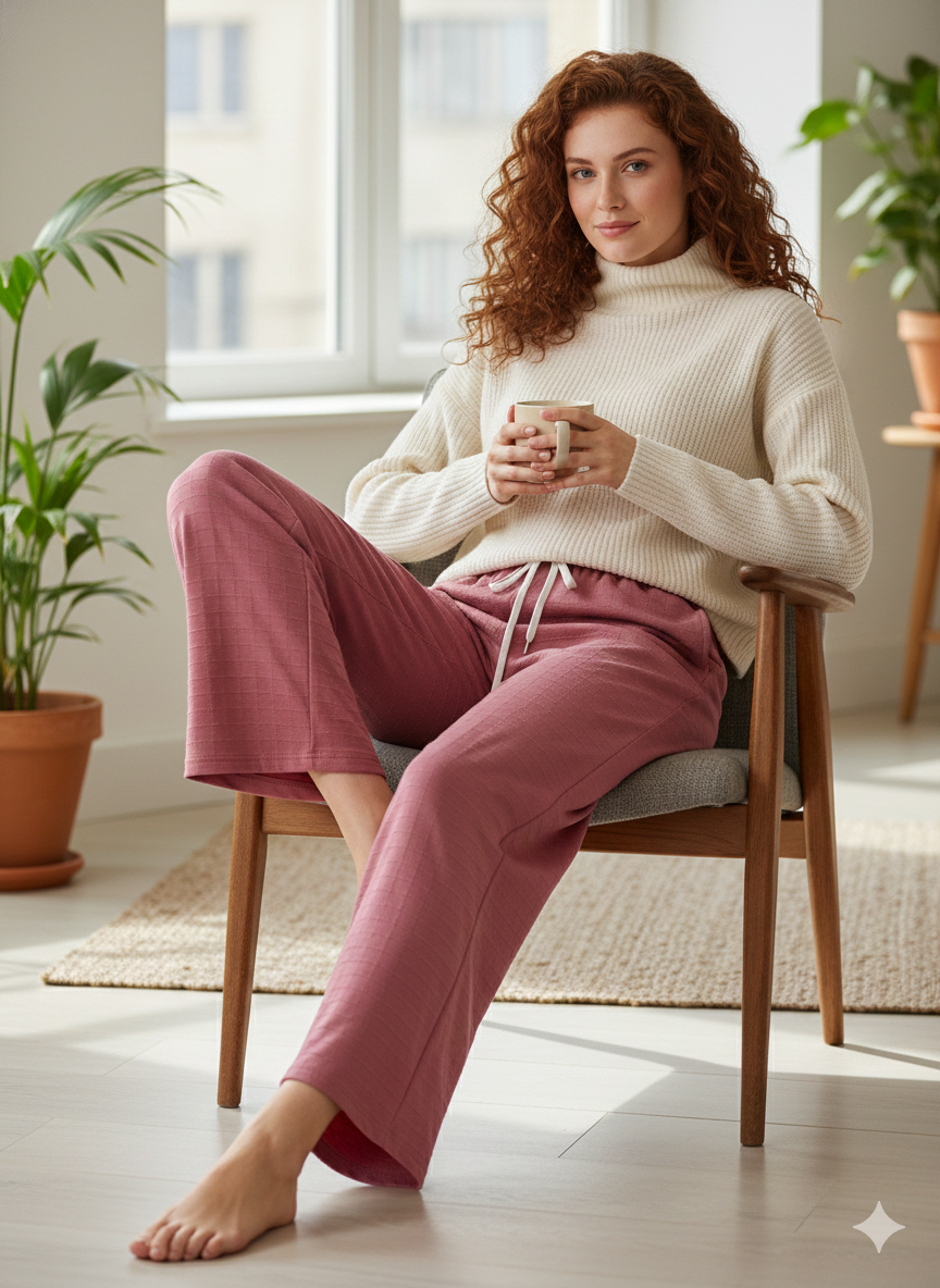 Women’s Soft Ribbed Lounge Pants – High-Waist, Relaxed Straight Fit, Cozy Everyday Bottoms (Rose Pink)