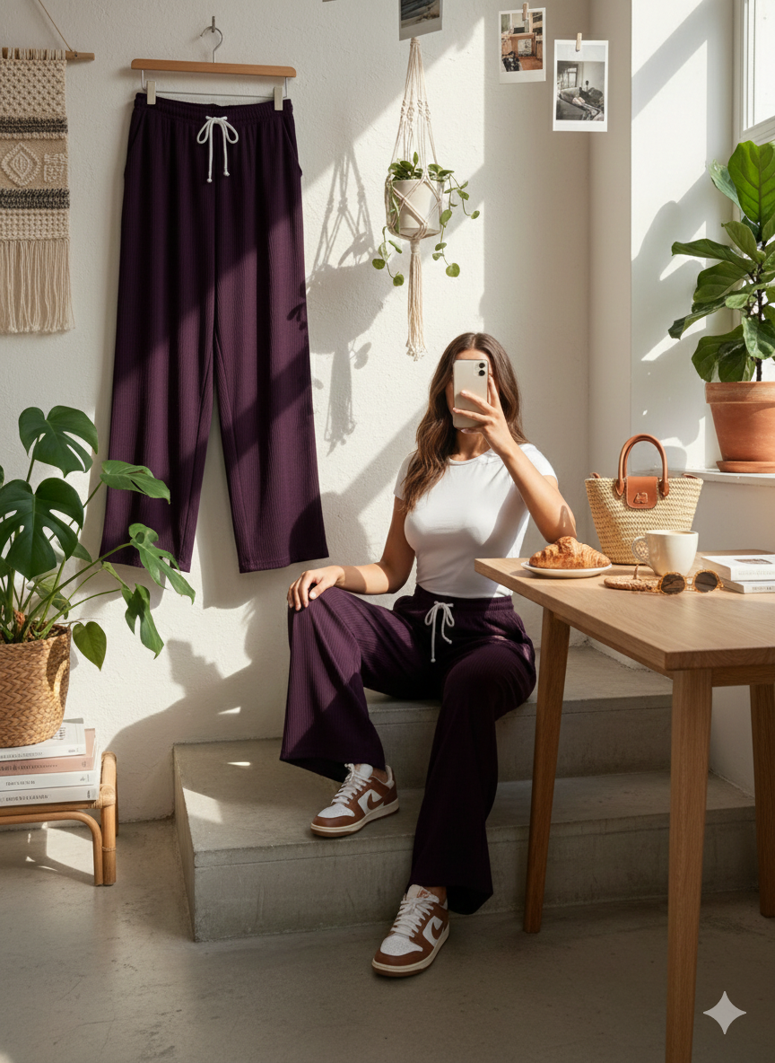 Women's Ribbed Wide-Leg Drawstring Pants – Comfortable High-Waist Casual Lounge Trousers (Deep Plum)