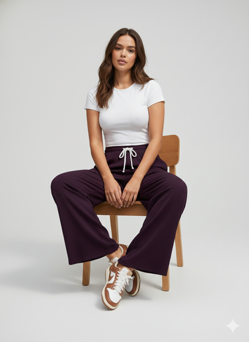 Women's Ribbed Wide-Leg Drawstring Pants – Comfortable High-Waist Casual Lounge Trousers (Deep Plum)