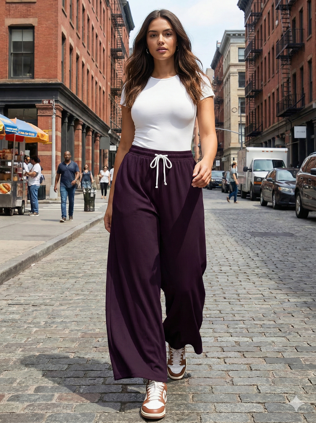 Women's Ribbed Wide-Leg Drawstring Pants – Comfortable High-Waist Casual Lounge Trousers (Deep Plum)