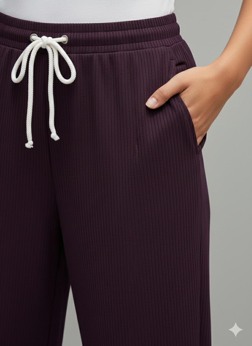 Women's Ribbed Wide-Leg Drawstring Pants – Comfortable High-Waist Casual Lounge Trousers (Deep Plum)
