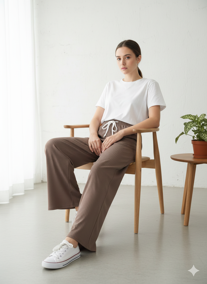 Women’s High-Waist Ribbed Wide-Leg Lounge Pants – Soft Stretchy Comfort Wear (Taupe)