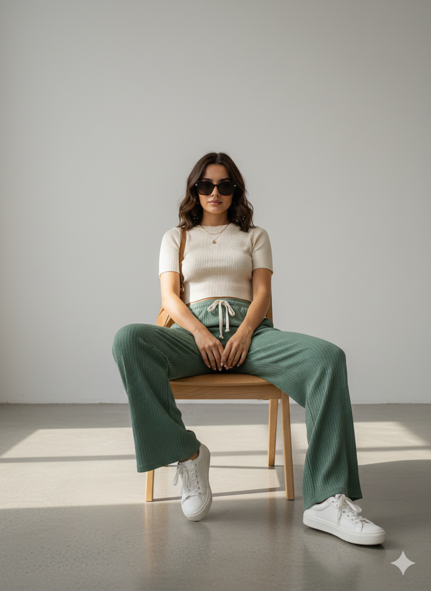 Women’s Sage Green Ribbed Lounge Pants – High-Waist, Straight Fit, Soft Stretchy Loungewear Bottoms