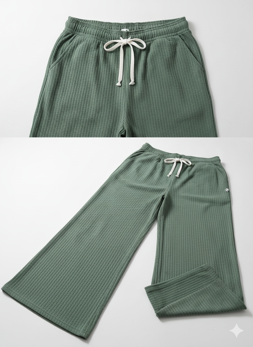 Women’s Sage Green Ribbed Lounge Pants – High-Waist, Straight Fit, Soft Stretchy Loungewear Bottoms