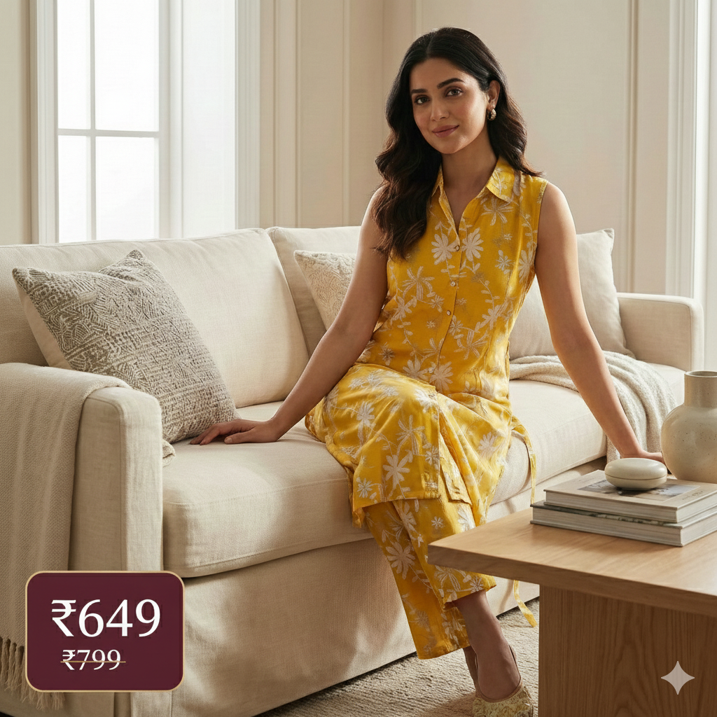 Yellow Floral Cotton Sleeveless Co-ord Set for Women | Kurta & Pant Set with Attached 3/4 Sleeves