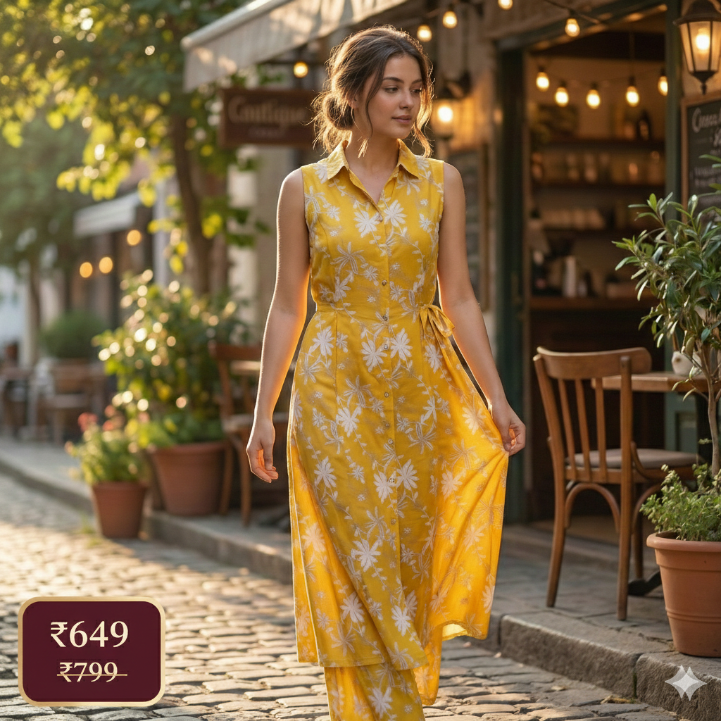 Yellow Floral Cotton Sleeveless Co-ord Set for Women | Kurta & Pant Set with Attached 3/4 Sleeves