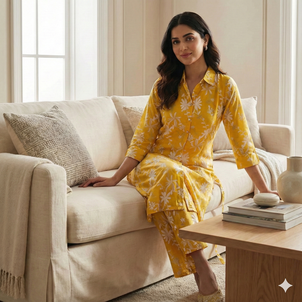 Yellow Floral Cotton Sleeveless Co-ord Set for Women | Kurta & Pant Set with Attached 3/4 Sleeves