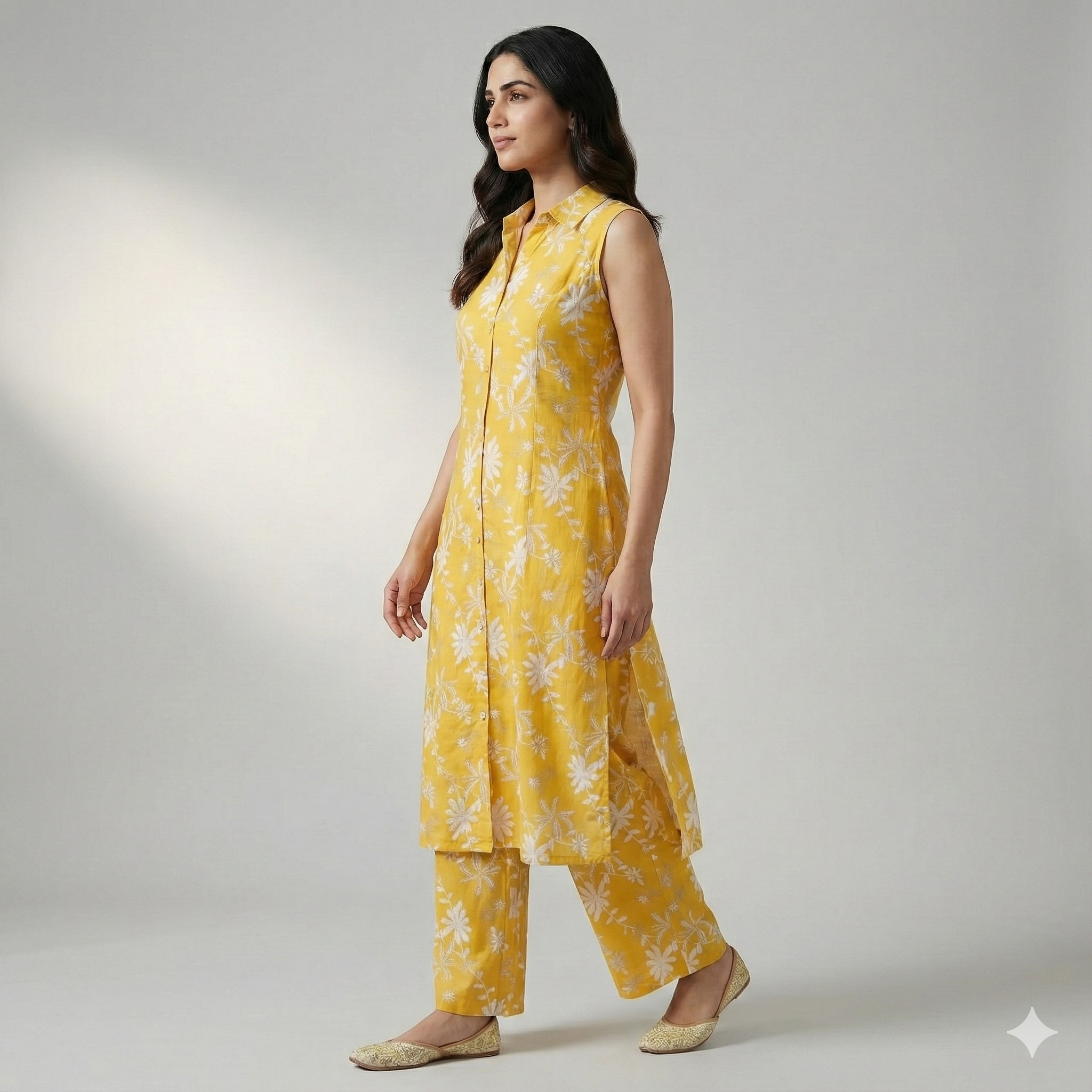 Yellow Floral Cotton Sleeveless Co-ord Set for Women | Kurta & Pant Set with Attached 3/4 Sleeves