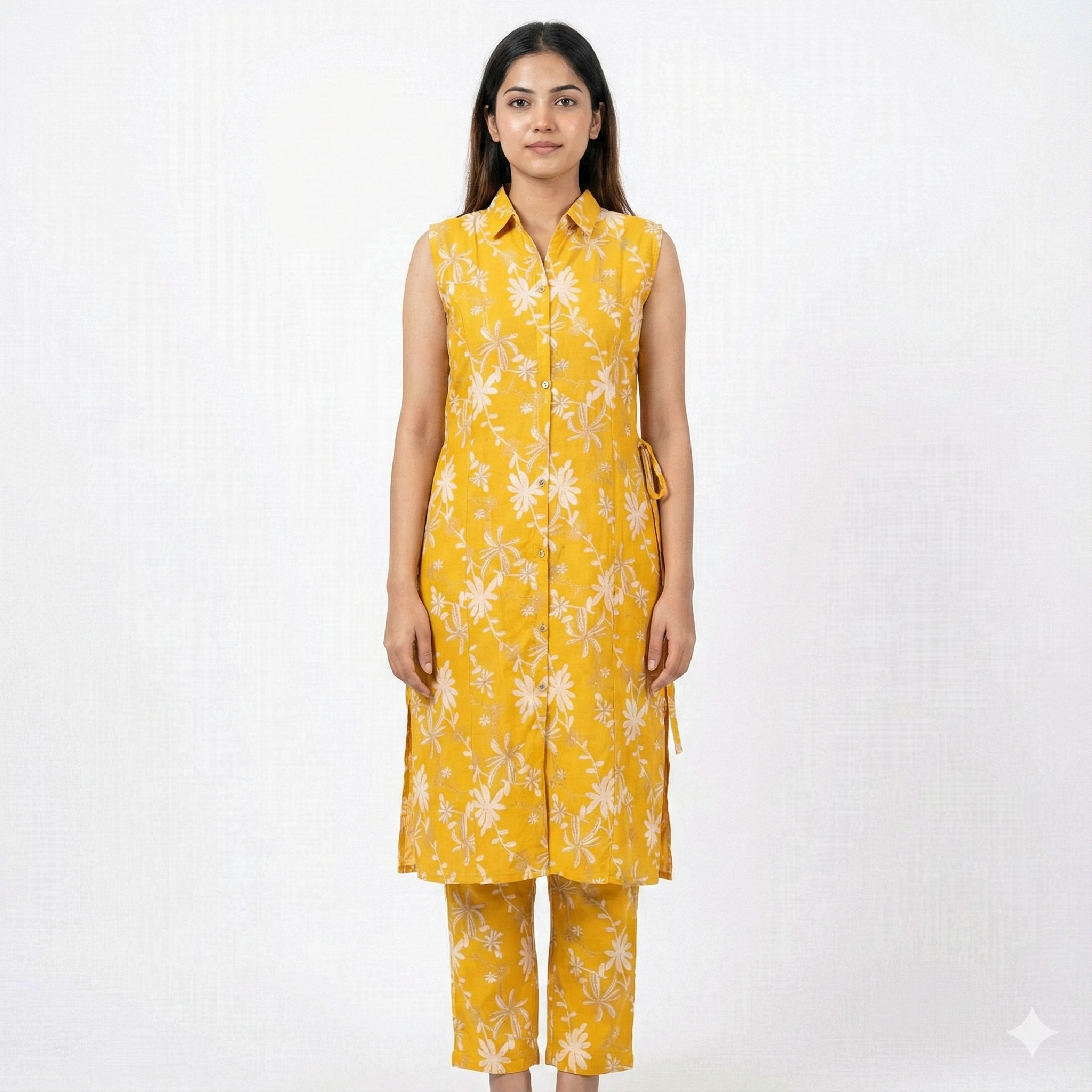 Yellow Floral Cotton Sleeveless Co-ord Set for Women | Kurta & Pant Set with Attached 3/4 Sleeves