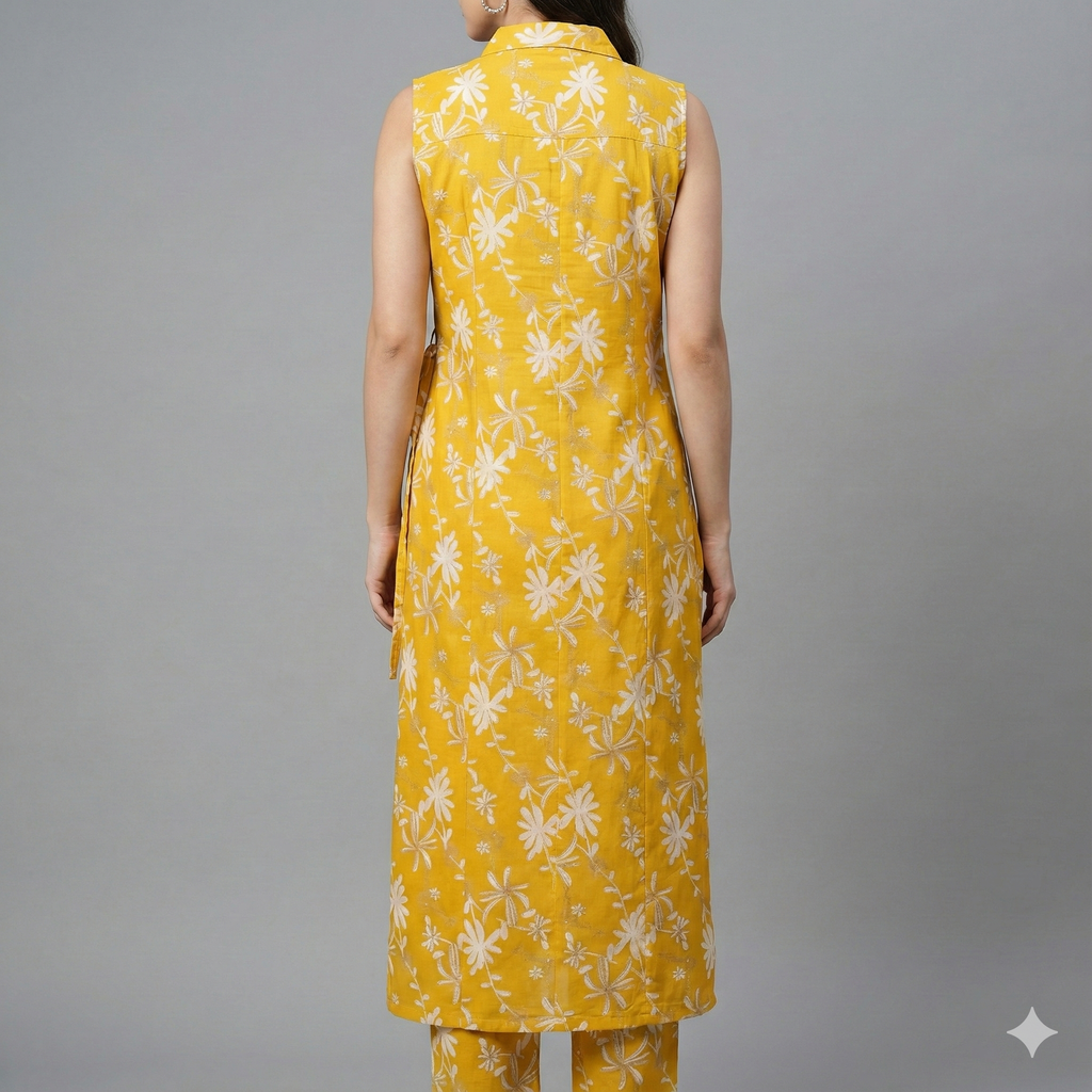 Yellow Floral Cotton Sleeveless Co-ord Set for Women | Kurta & Pant Set with Attached 3/4 Sleeves