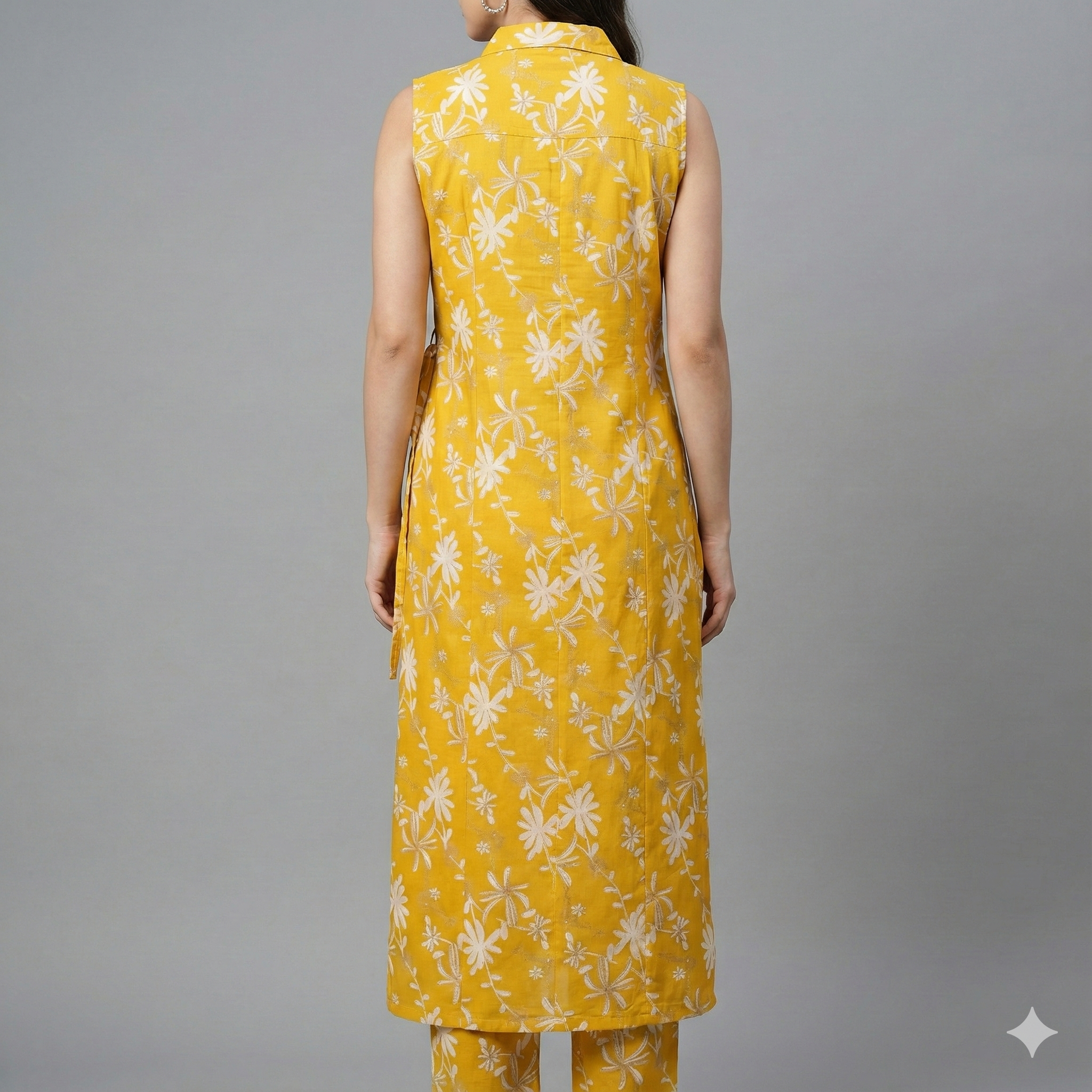 Yellow Floral Cotton Sleeveless Co-ord Set for Women | Kurta & Pant Set with Attached 3/4 Sleeves