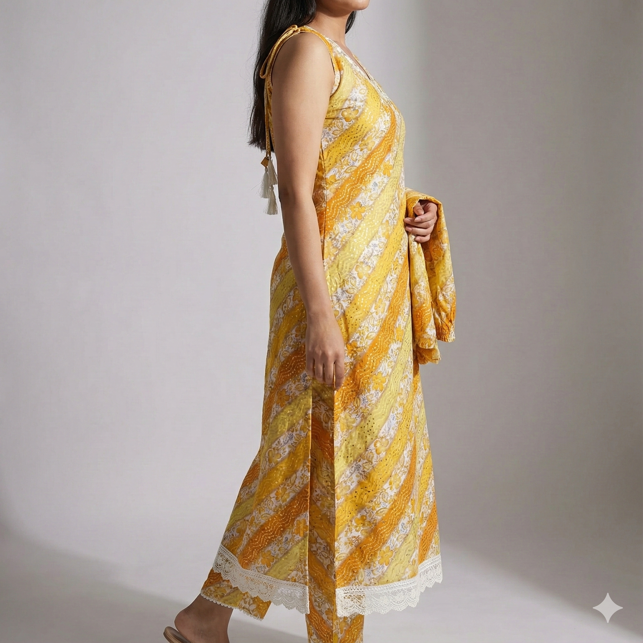 Yellow Printed Sleeveless Co-ord Set for Women – Soft Cotton Daily Wear with Attached Short Sleeves Inside