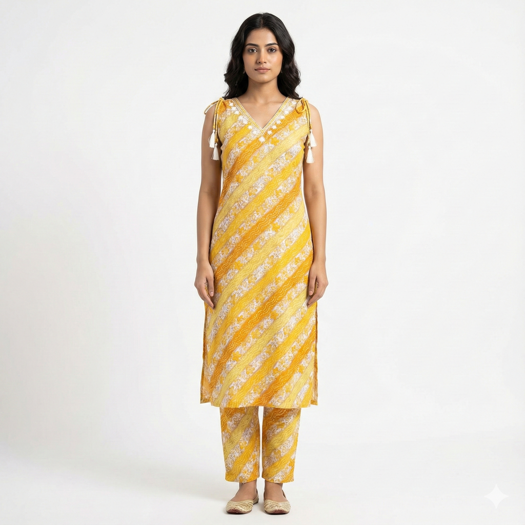 Yellow Printed Sleeveless Co-ord Set for Women – Soft Cotton Daily Wear with Attached Short Sleeves Inside